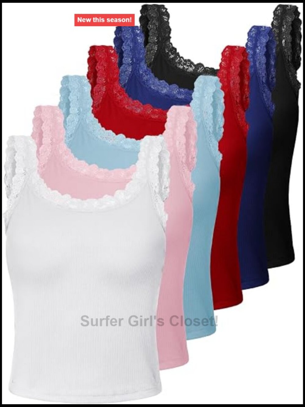 6 Pack Women's Lace Trim Camisole Tank Tops Ribbed Knit Scoop Neck